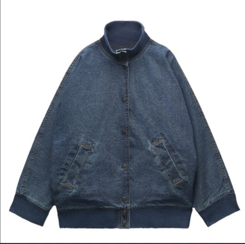 Zara ZW Blue Denim Bomber Oversized Button Up  Work Chore Jacket Size Small